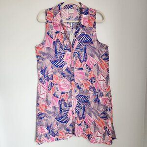 NWT Cupio L 100%Viscose Tropical Leaves Sleeveless Button Down Front Swing Dress